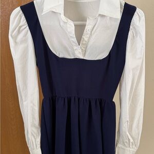 SHEIN White and Blue Pleated Midi Dress with Puff Sleeves; Woman’s XS; US-2